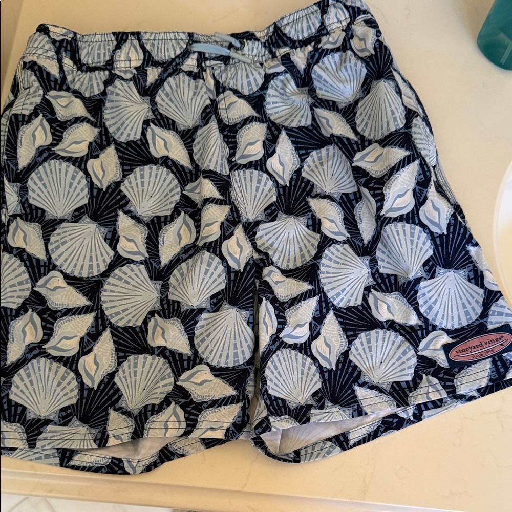 Vineyard Vines Kids Navy and White Shell Print Swim Trunks